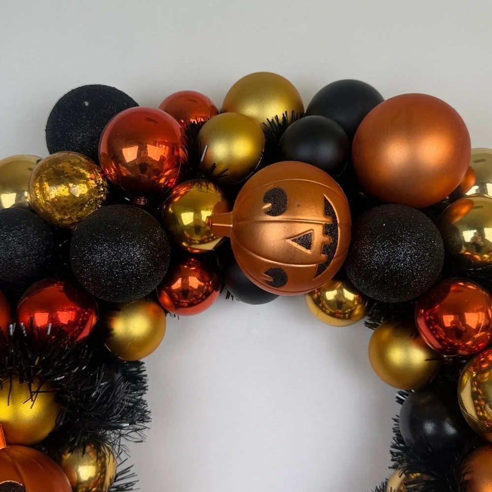 Halloween Shatterproof Ornament  Orange Black Gold Shiny Wreath Festive Spooky
